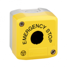 XALK01H29 - yellow empty enclosure lid - grey base-1 cut-out - EMERGENCY STOP/logo ISO13850, Schneider Electric