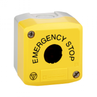 XALK01H29 - yellow empty enclosure lid - grey base-1 cut-out - EMERGENCY STOP/logo ISO13850, Schneider Electric