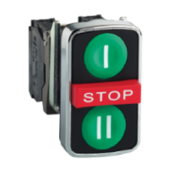 XB4BA731327 - green flush/red projecting/green flush triple-headed pushbutton Ø22 1NO+1NC+1NO, Schneider Electric