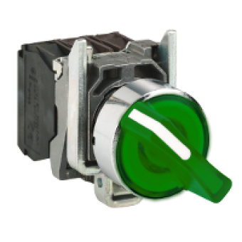 XB4BK133M5 - green complete illuminated selector switch Ø22 3-position stay put 1NO+1NC 230V, Schneider Electric