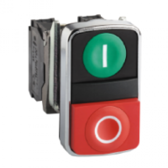 XB4BL73415 - green flush/red projecting illuminated double-headed pushbutton Ø22 1NO+1NC 24V, Schneider Electric