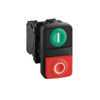 XB5AL73415 - green flush/red projecting double-headed pushbutton Ø22 with marking, Schneider Electric