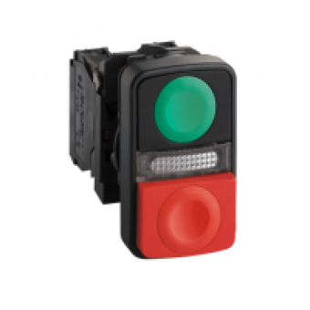 XB5AW73731M5 - green flush/red projecting illuminated double-headed pushbutton Ø22 1NO+1NC 240V, Schneider Electric