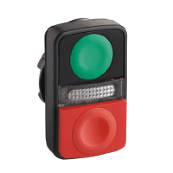 ZB5AL7340 - green flush/red projecting double-headed pushbutton Ø22 unmarked, Schneider Electric ZB5AL7340 - green flush/red projecting double-headed pushbutton Ø22 unmarked, Schneider Electric