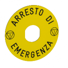 ZBY8630 - marked legend Ø90 for emergency stop -ARRESTO DE EMERGENZA/logo ISO13850, Schneider Electric