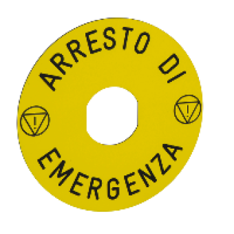 ZBY8630 - marked legend Ø90 for emergency stop -ARRESTO DE EMERGENZA/logo ISO13850, Schneider Electric
