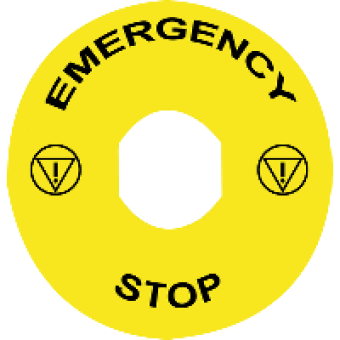 ZBY9330T - marked legend Ø60 for emergency stop - EMERGENCY STOP/logo ISO13850, Schneider Electric